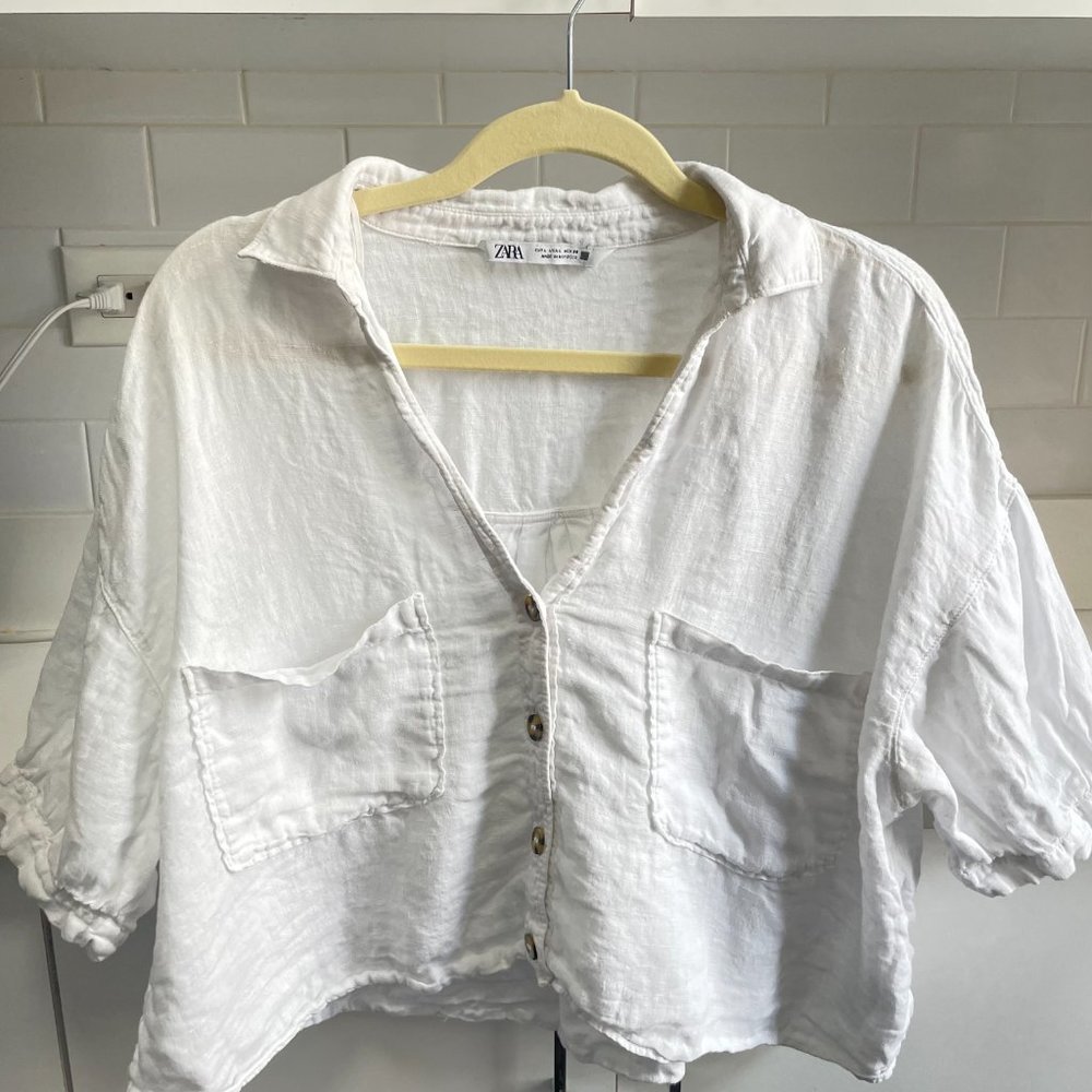 Zara Short Sleeve Linen Shirt - White/Large